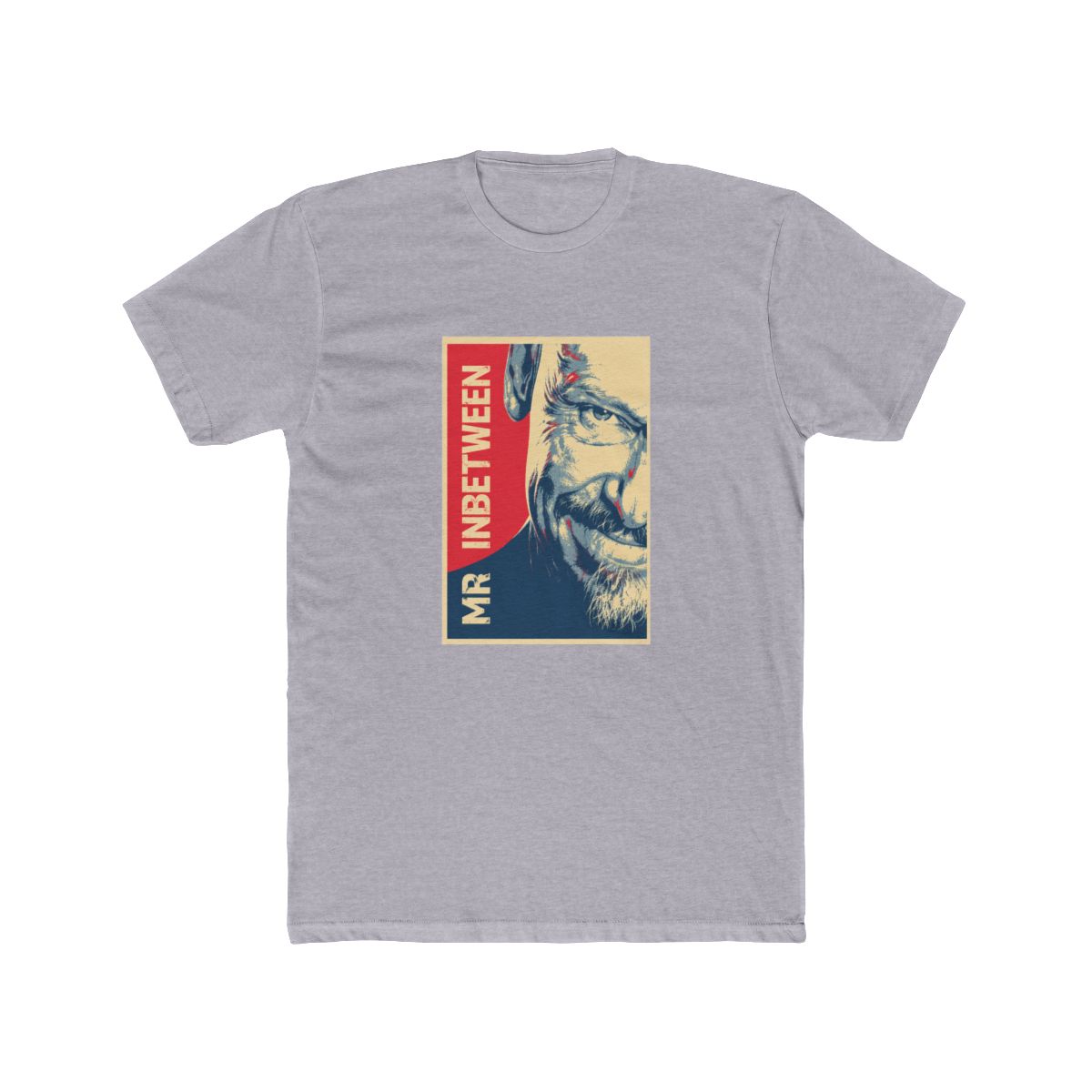 A black T Shirt with a red, white, and blue graphic of a man's face with the text "MR. INBETWEEN" printed on the shirt
