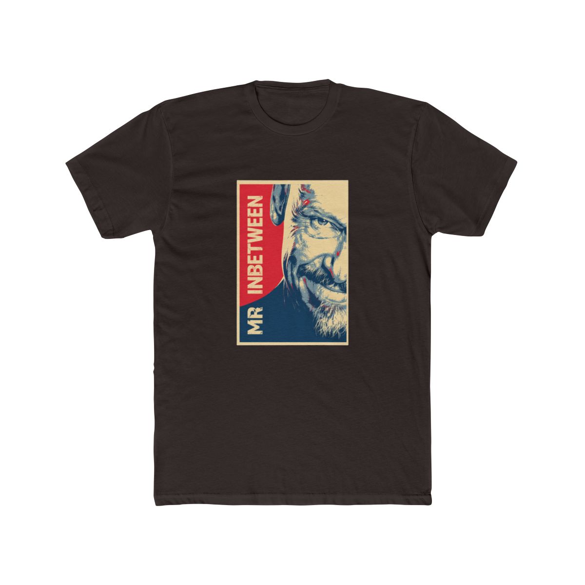 A black T Shirt with a red, white, and blue graphic of a man's face with the text "MR. INBETWEEN" printed on the shirt - alternate angle 5, merchandise