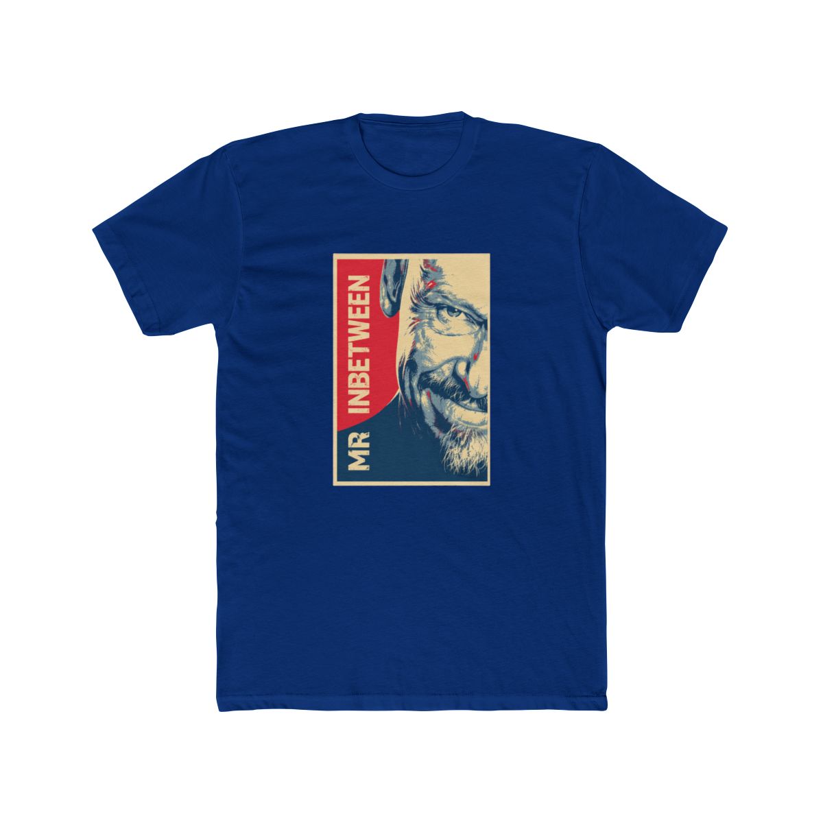 A black T Shirt with a red, white, and blue graphic of a man's face with the text "MR. INBETWEEN" printed on the shirt - alternate angle 2, merchandise